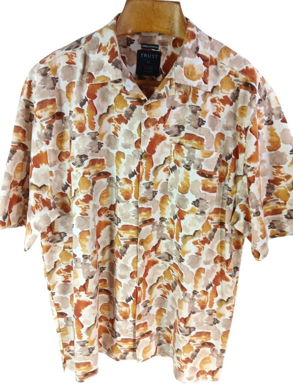 Trust Men XL Multicolor Abstract Button Up Shirt Linen Rayon Short Sleeve Travel